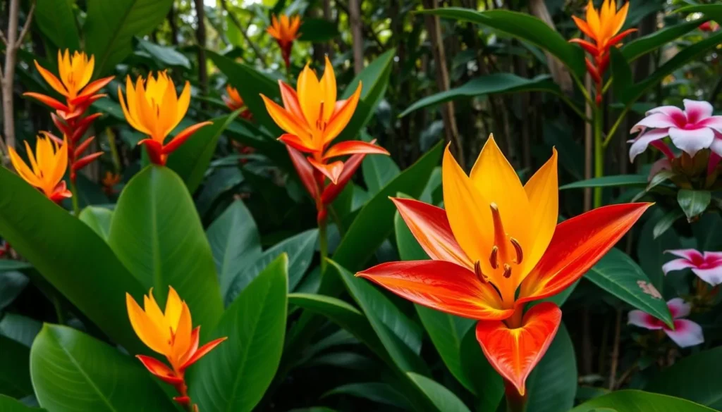 Generate an image of the Flower Forest's vibrant heliconia and ginger lilies.