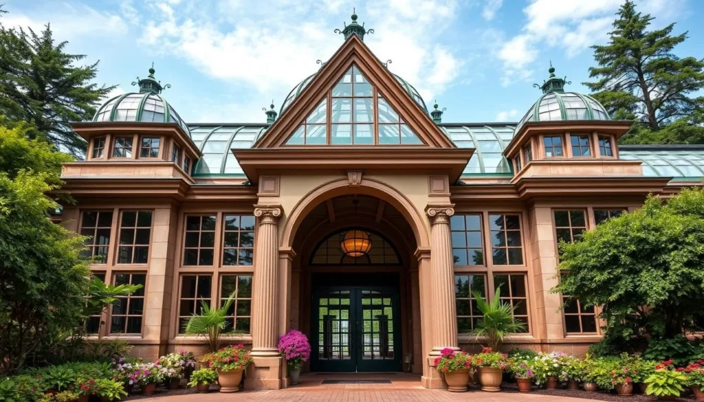 Generate an image of the Foellinger-Freimann Botanical Conservatory's main entrance