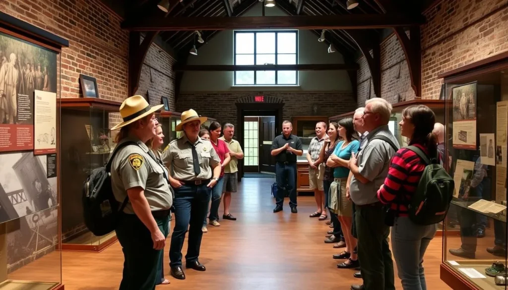 Generate an image of the Fort Mose Historic State Park museum, with a Ranger leading a tour. Generate an image of the Fort Mose Historic State Park museum, with a Ranger leading a tour.