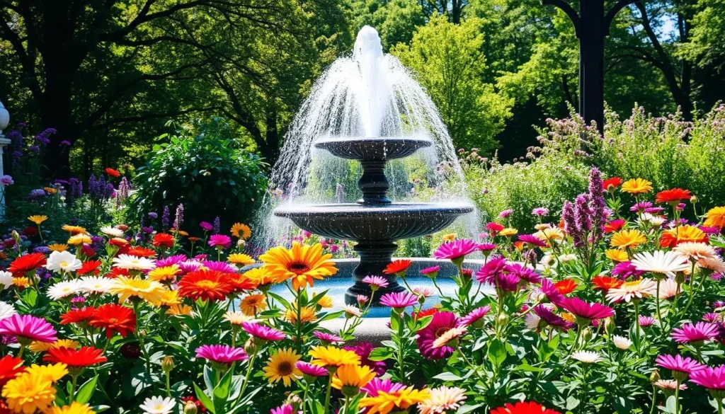 Generate an image of the Fountain Garden at Klehm Arboretum, with a beautiful fountain and blooming flowers.