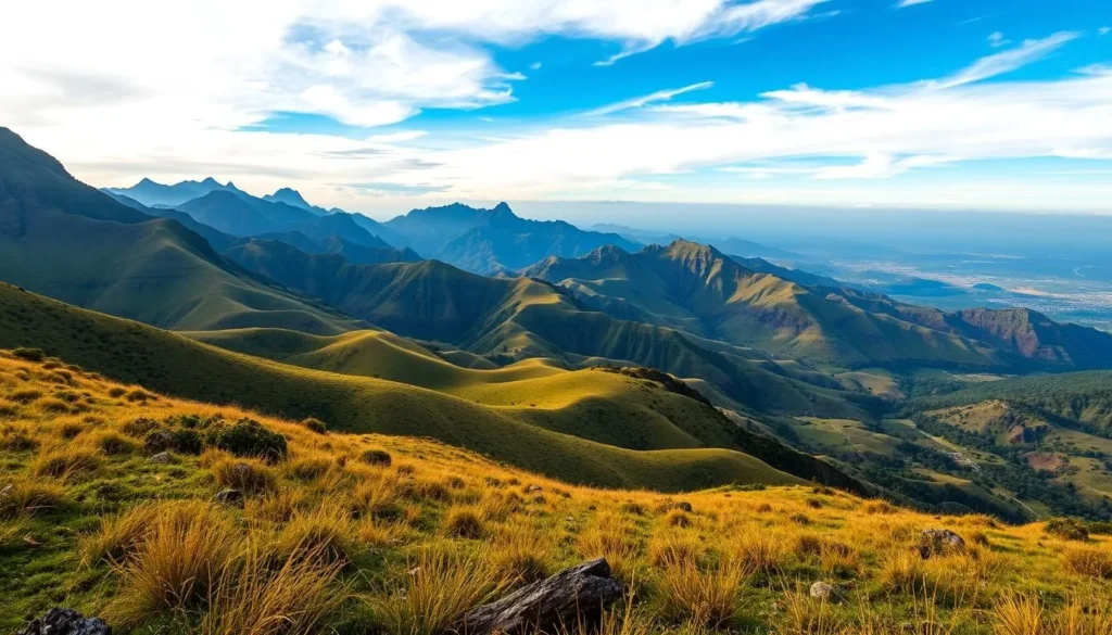 Generate an image of the Fouta Djallon Highlands landscape with rolling meadows and peaks.