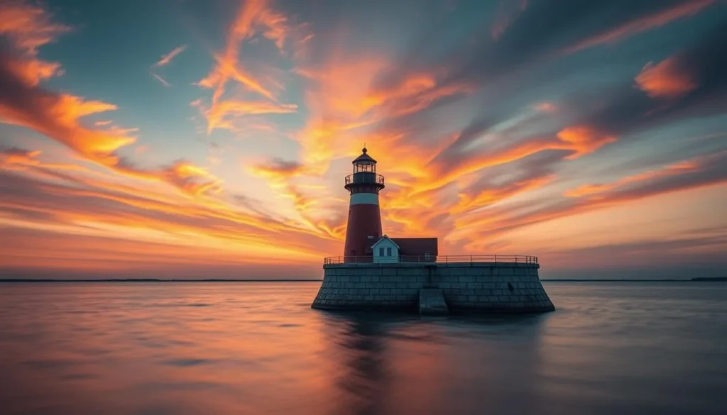 Generate an image of the Frankfort North Breakwater Lighthouse at sunset.