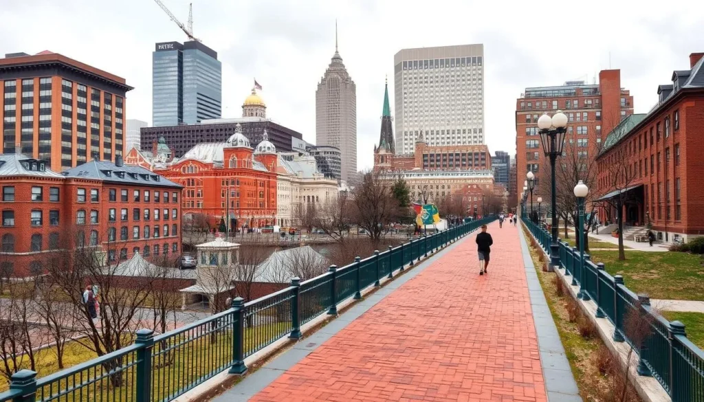 Generate an image of the Freedom Trail in Boston, highlighting its red brick path and historical sites.