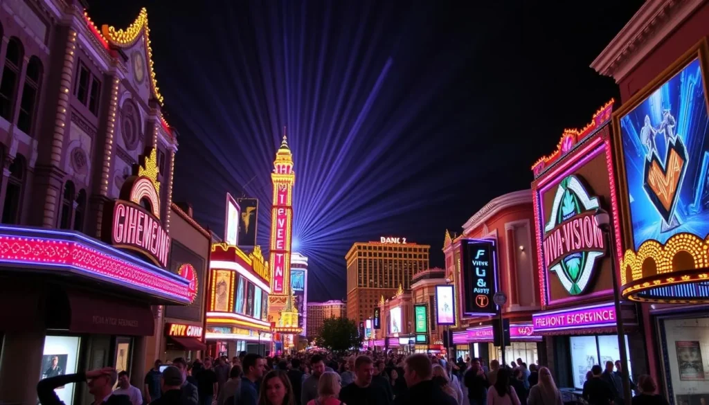 Generate an image of the Fremont Street Experience at night with Viva Vision light show