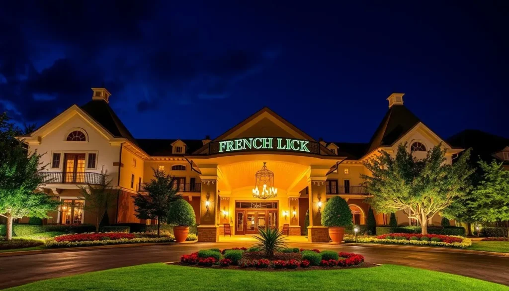Generate an image of the French Lick Resort's grand entrance
