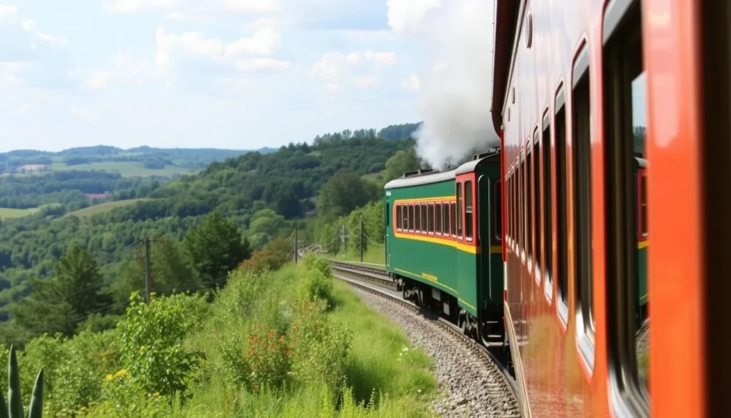 Generate an image of the French Lick Scenic Railway train traveling through a picturesque Indiana landscape.