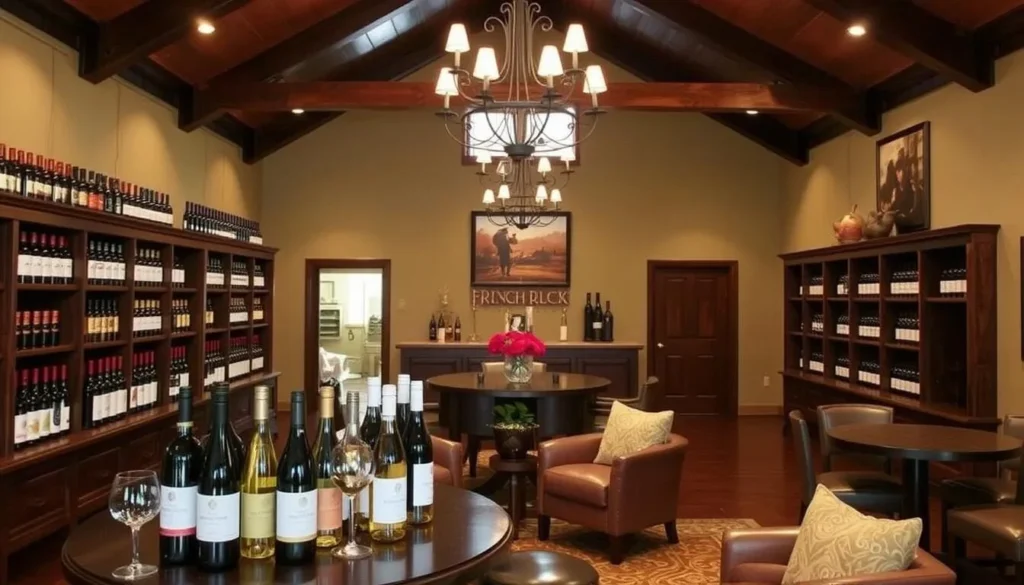 Generate an image of the French Lick Winery's tasting room, showcasing a variety of wines and a warm atmosphere.