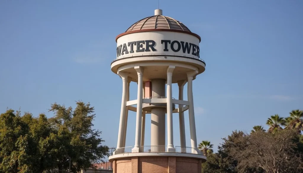Generate an image of the Fresno Water Tower, showcasing its distinctive architectural design and historic significance.
