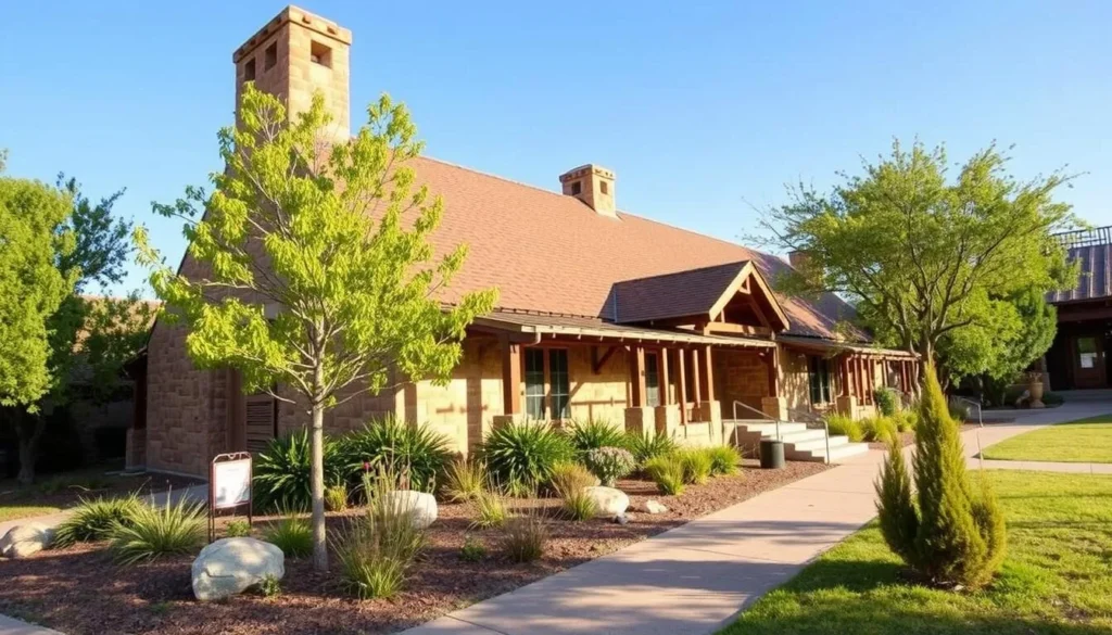 Generate an image of the Frisco Native American Museum's exterior, showcasing its traditional architecture amidst the natural surroundings.