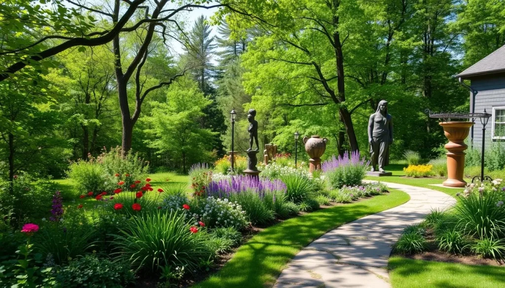 Generate an image of the Fuller Craft Museum's beautiful grounds with nature trails and outdoor sculptures.