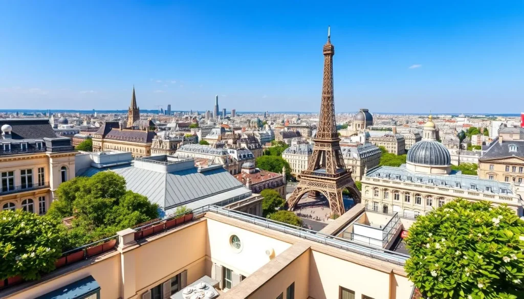 Generate an image of the Galeries Lafayette rooftop terrace with a panoramic view of Paris.