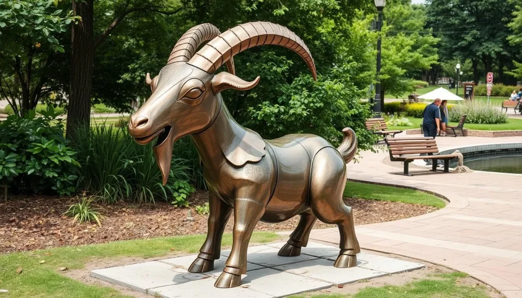 Generate an image of the Garbage Goat, a copper and brass structure shaped like a goat, located in Riverfront Park.