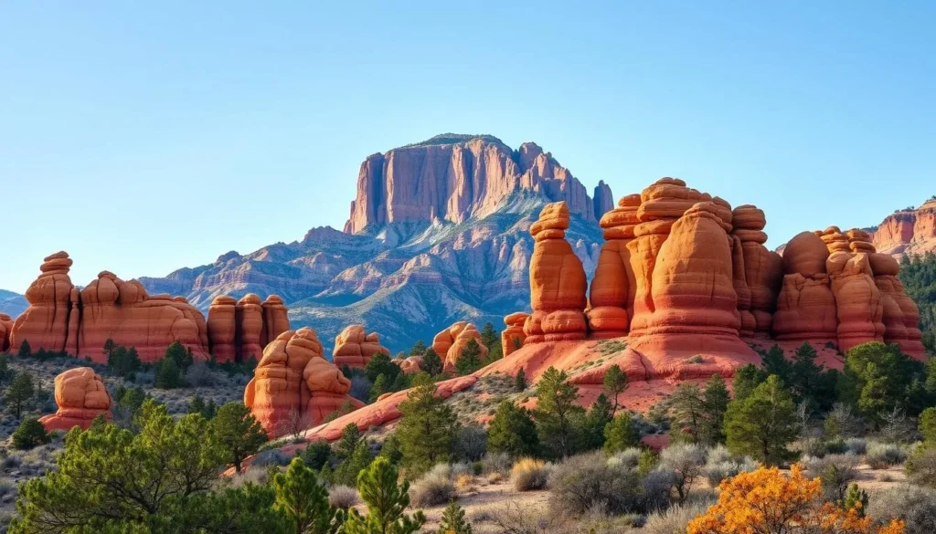 Generate an image of the Garden of the Gods, featuring the red sandstone formations against the backdrop of Pikes Peak. Generate an image of the Garden of the Gods, featuring the red sandstone formations against the backdrop of Pikes Peak.