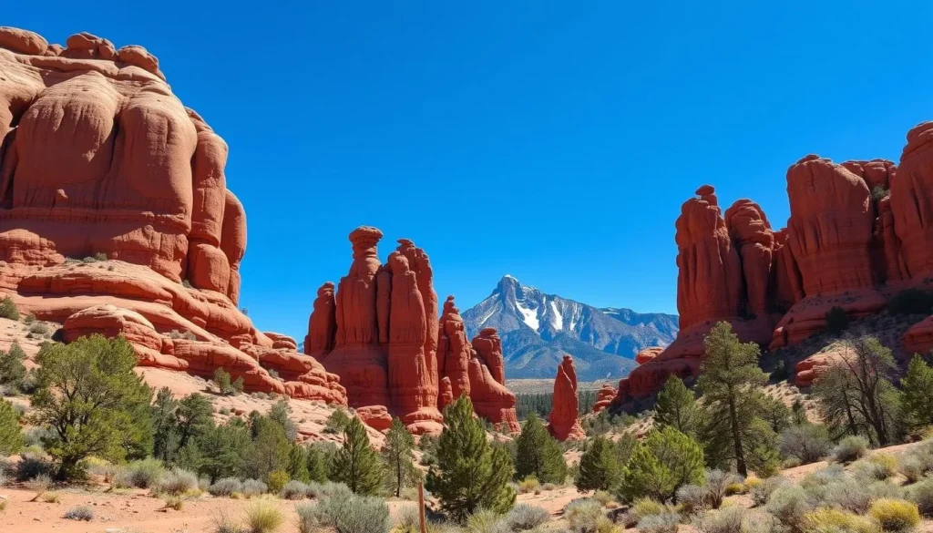 Generate an image of the Garden of the Gods with its iconic red rock formations against a backdrop of Colorado's blue skies and Pikes Peak.