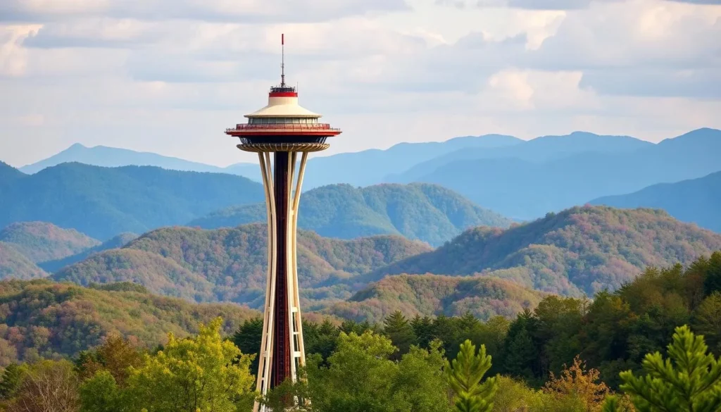 Generate an image of the Gatlinburg Space Needle with the Smoky Mountains in the background.
