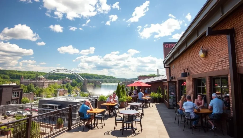 Generate an image of the Genesee Brew House with its rooftop patio overlooking High Falls.