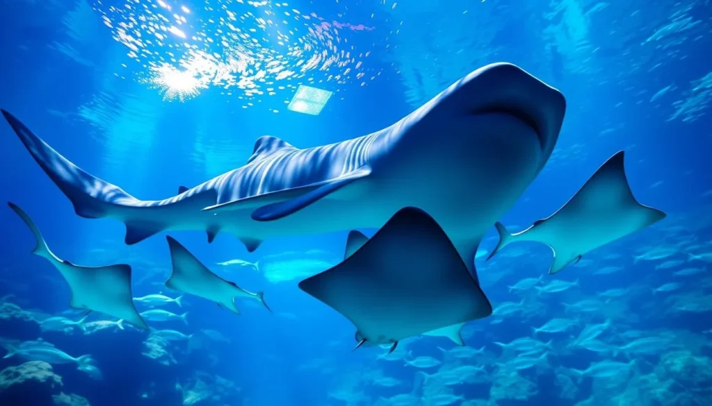 Generate an image of the Georgia Aquarium's Ocean Voyager exhibit with whale sharks and manta rays swimming.