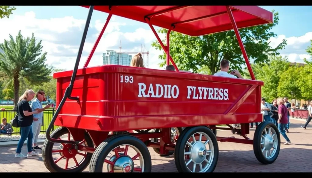 Generate an image of the Giant Radio Flyer Wagon, also known as the Childhood Express, located in Riverfront Park.