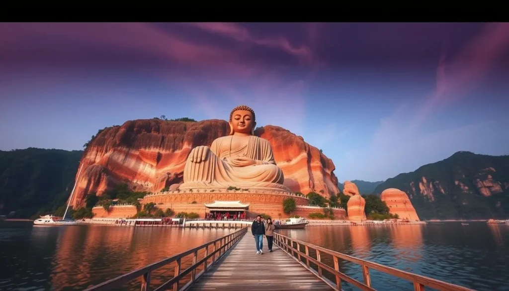 Generate an image of the Giant Sleeping Buddha natural formation in Leshan, China, showcasing its majestic view from the Leshan dock.