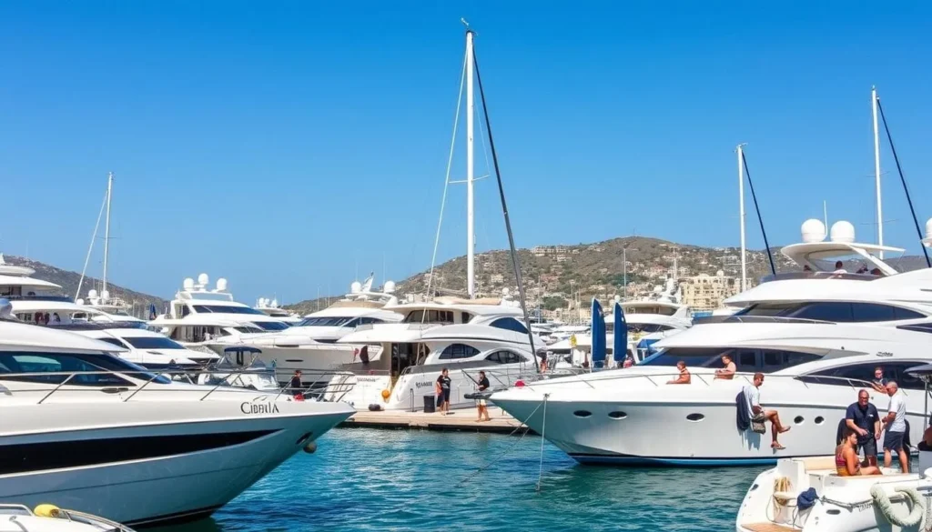 Generate an image of the Gibraltar International Boat Show, highlighting luxury yachts and various activities at Ocean Village Marina.