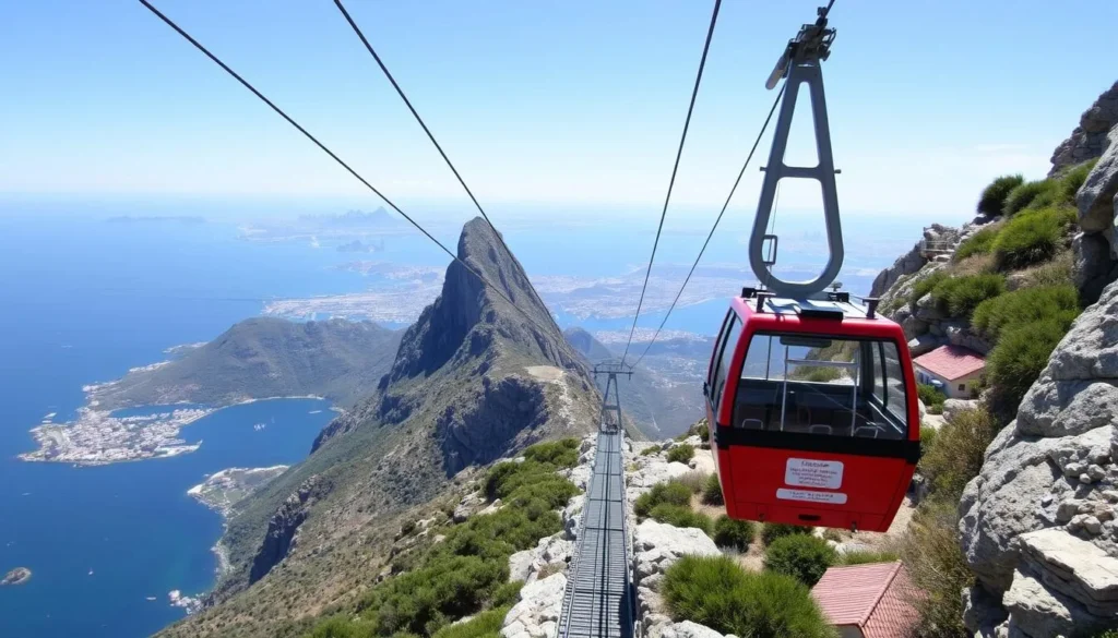 Generate an image of the Gibraltar cable car ascending to the top of the Rock