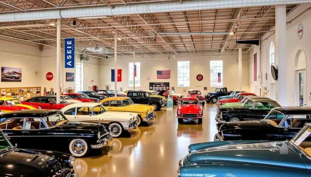 Generate an image of the Gilmore Car Museum's main exhibit hall featuring a collection of vintage cars.