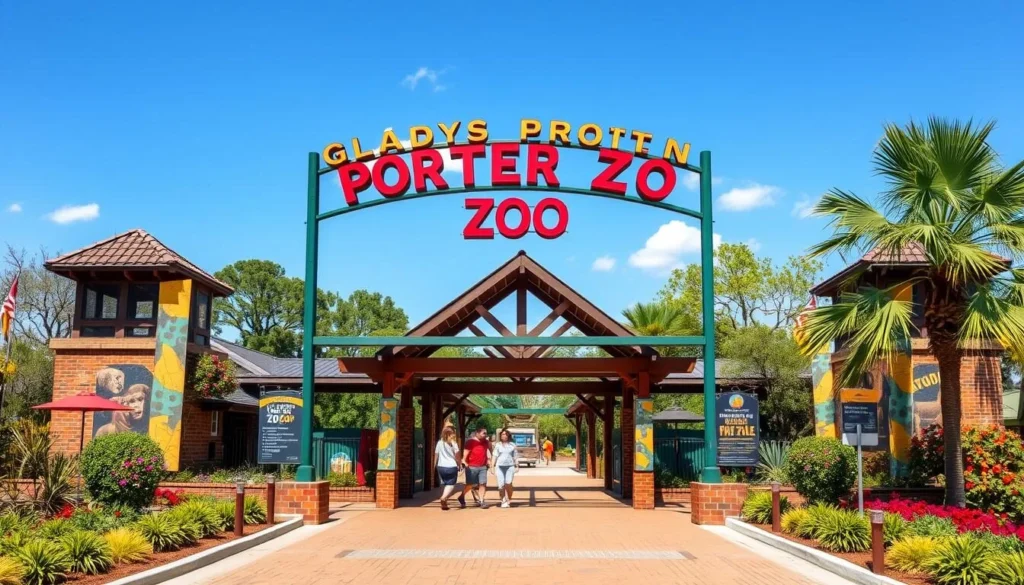 Generate an image of the Gladys Porter Zoo entrance, showcasing its vibrant and welcoming atmosphere.