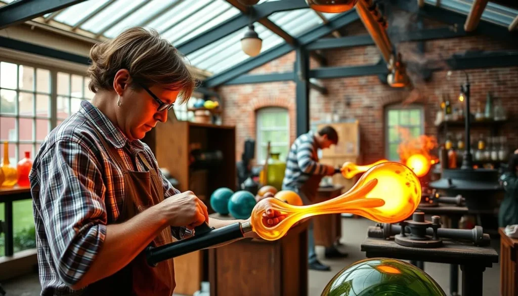 Generate an image of the Glasshouse at Historic Jamestowne with artisans blowing glass.
