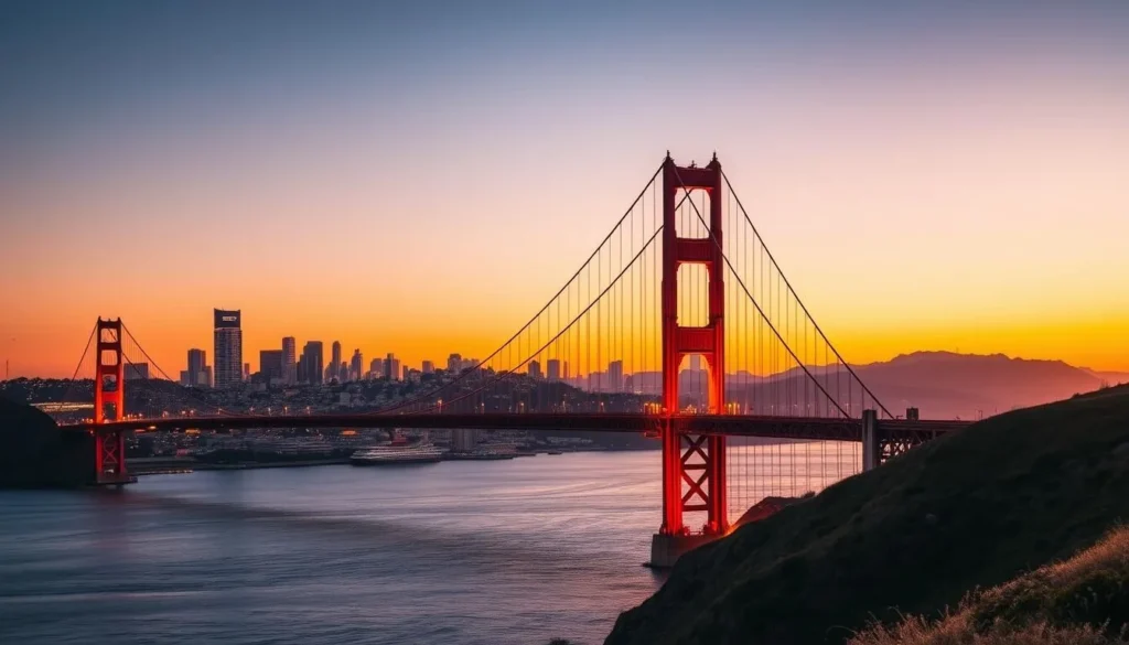 Generate an image of the Golden Gate Bridge with the San Francisco cityscape in the background.