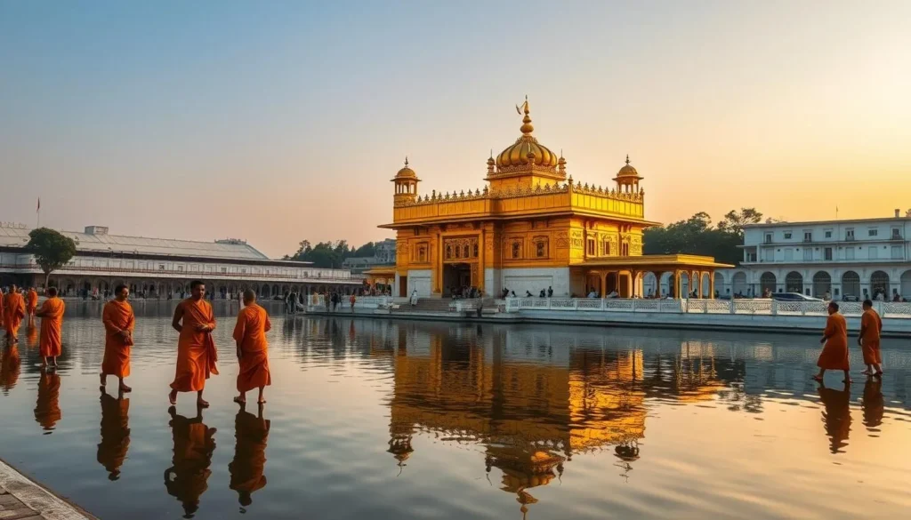 Generate an image of the Golden Temple's golden façade with monks walking around it.