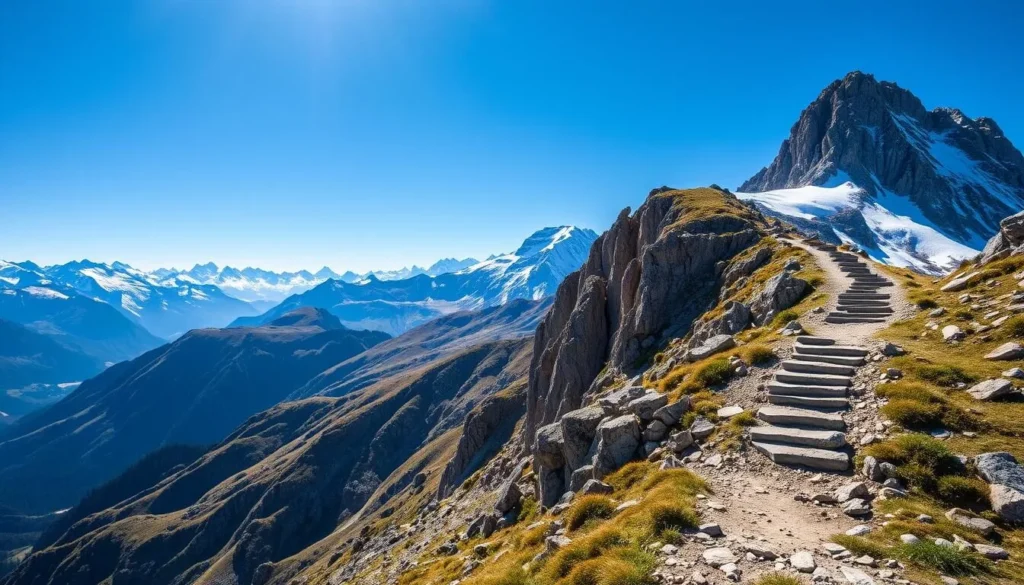 Generate an image of the Grand Balcon Nord Trail with panoramic views of the Mont Blanc massif. Generate an image of the Grand Balcon Nord Trail with panoramic views of the Mont Blanc massif.