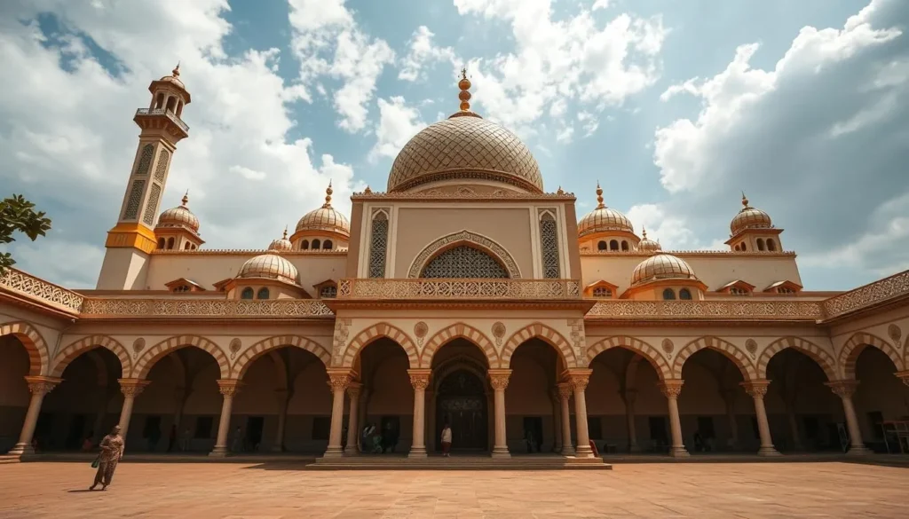 Generate an image of the Grand Mosquée in Ouagadougou, highlighting its architectural beauty and cultural significance. Generate an image of the Grand Mosquée in Ouagadougou, highlighting its architectural beauty and cultural significance.