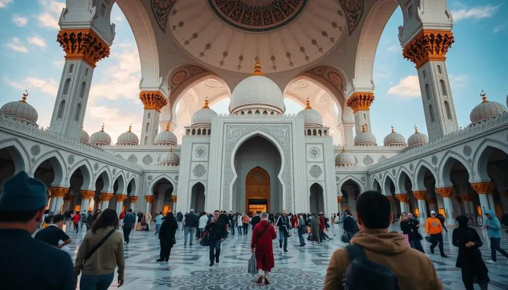 Generate an image of the Grand Mosque's stunning architecture during a guided tour.