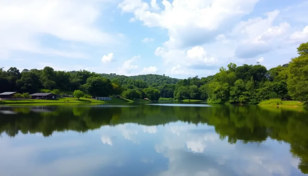Generate an image of the Grand Park's lake, highlighting its tranquil atmosphere and scenic beauty.