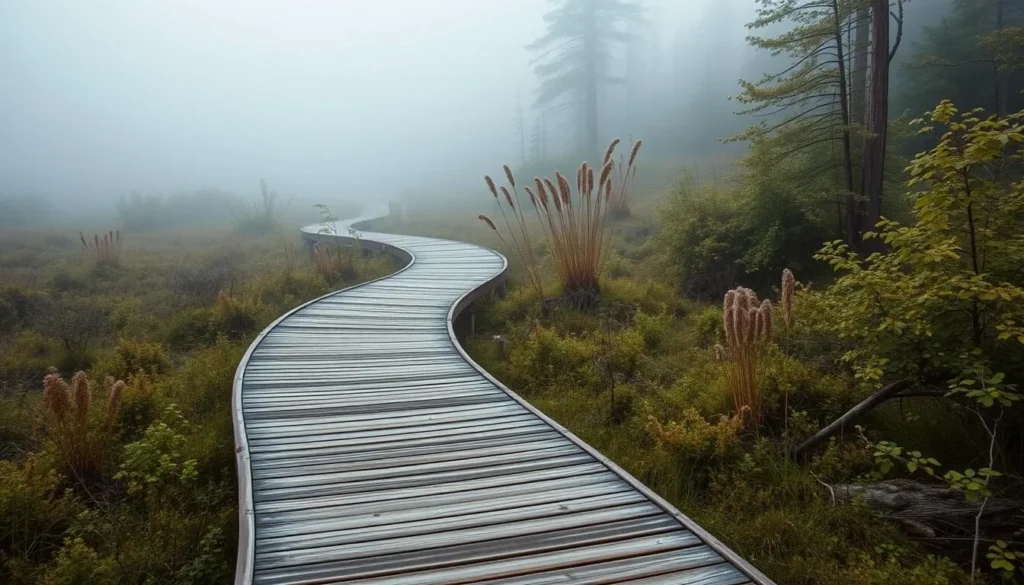 Generate an image of the Great Kemeri Bog Boardwalk, showcasing its wooden pathways winding through the misty bog.