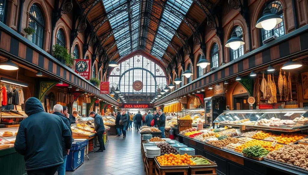 Generate an image of the Great Market Hall's interior, showcasing various traditional Hungarian foods.