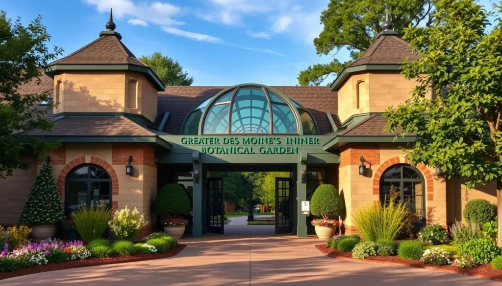 Generate an image of the Greater Des Moines Botanical Garden's main entrance.