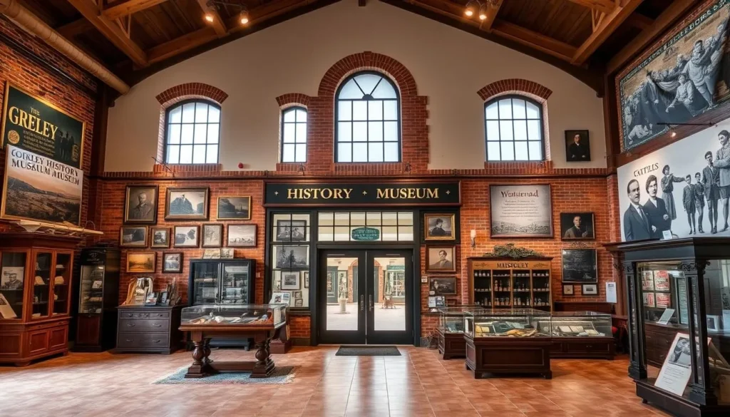 Generate an image of the Greeley History Museum, located in the historic 1929 Greeley Tribune Building, showcasing its exhibits and artifacts.