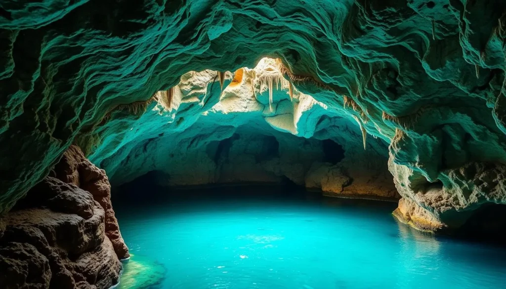Generate an image of the Green Grotto Caves, showcasing its stunning limestone formations and turquoise waters.