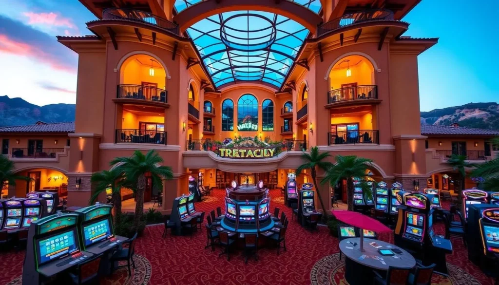 Generate an image of the Green Valley Ranch Resort's Mediterranean-inspired architecture and its beautiful casino interior.