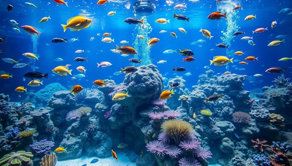 Generate an image of the Greensboro Science Center's aquarium with diverse marine life.