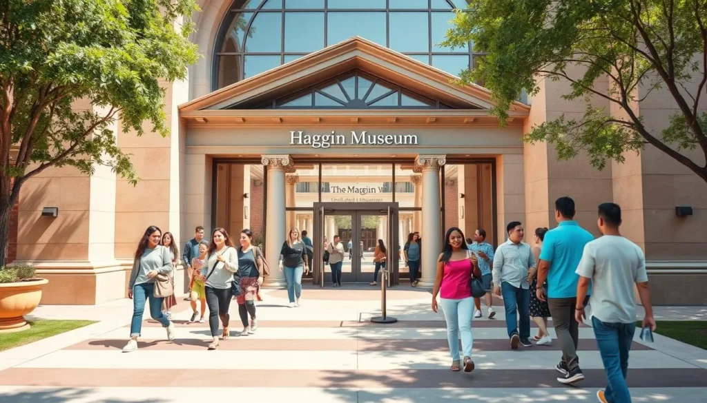 Generate an image of the Haggin Museum's grand entrance with visitors walking in.