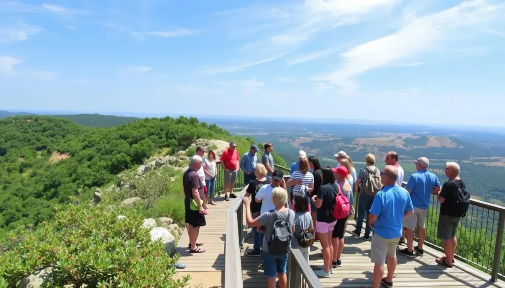 Generate an image of the Hanson Quarry Observation Deck with visitors enjoying the panoramic views.