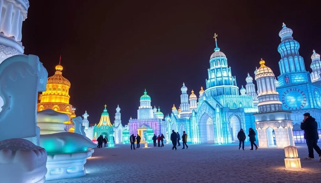 Generate an image of the Harbin International Ice and Snow Festival's main attraction, Ice and Snow World, with its elaborate ice sculptures and nighttime illumination. Generate an image of the Harbin International Ice and Snow Festival's main attraction, Ice and Snow World, with its elaborate ice sculptures and nighttime illumination.