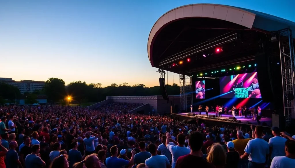 Generate an image of the Hartford HealthCare Amphitheater in Bridgeport, CT, during a summer concert.
