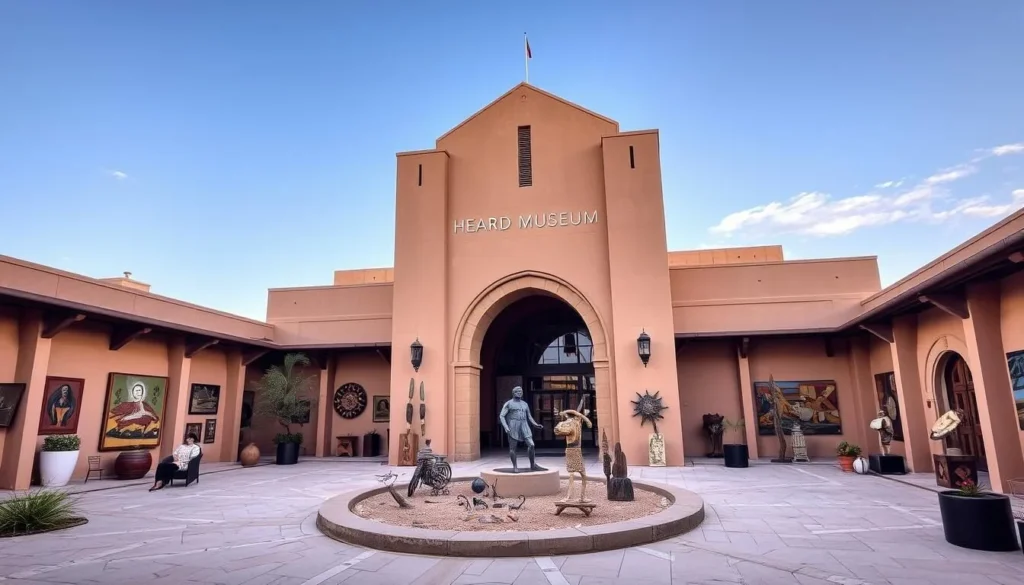 Generate an image of the Heard Museum in Phoenix, showcasing its beautiful courtyard and a display of Native American art and artifacts.