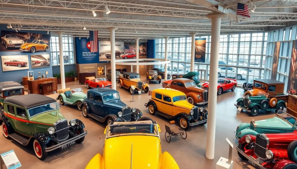 Generate an image of the Henry Ford Museum's indoor exhibit featuring vintage cars and historic artifacts.