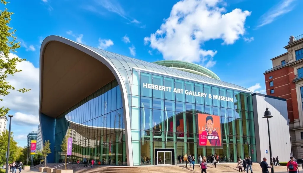 Generate an image of the Herbert Art Gallery and Museum's striking modern building with a distinctive glass wave roof