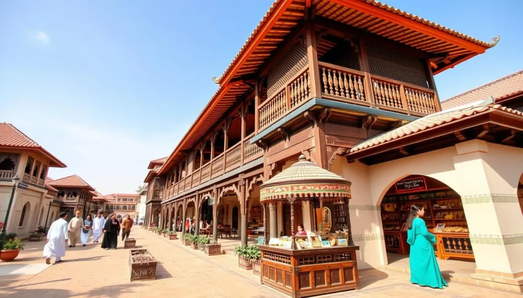 Generate an image of the Heritage Village Abu Dhabi, showcasing its traditional architecture and cultural exhibits.
