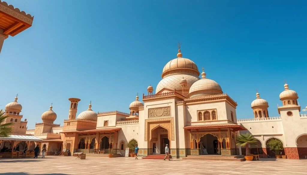 Generate an image of the Heritage Village, showcasing traditional Arabian architecture.